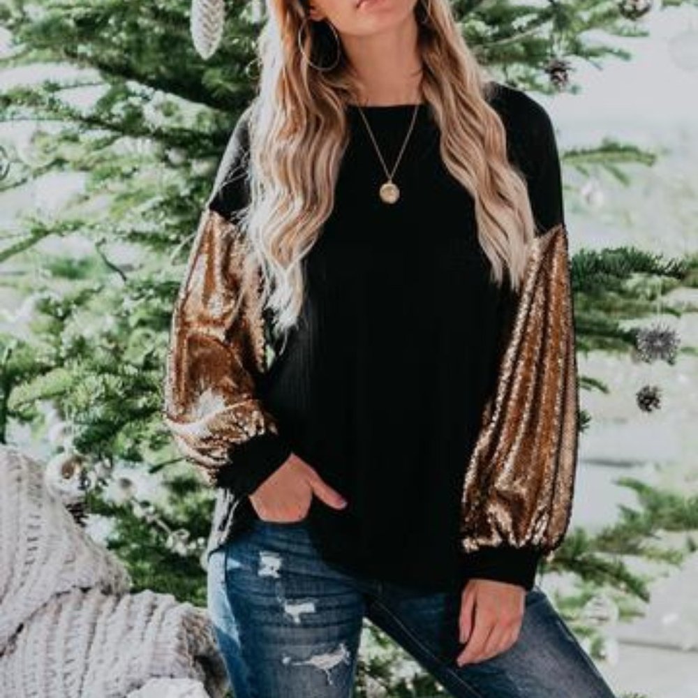 Vici Luxor Sequin Sleeve Thermal Knit Top